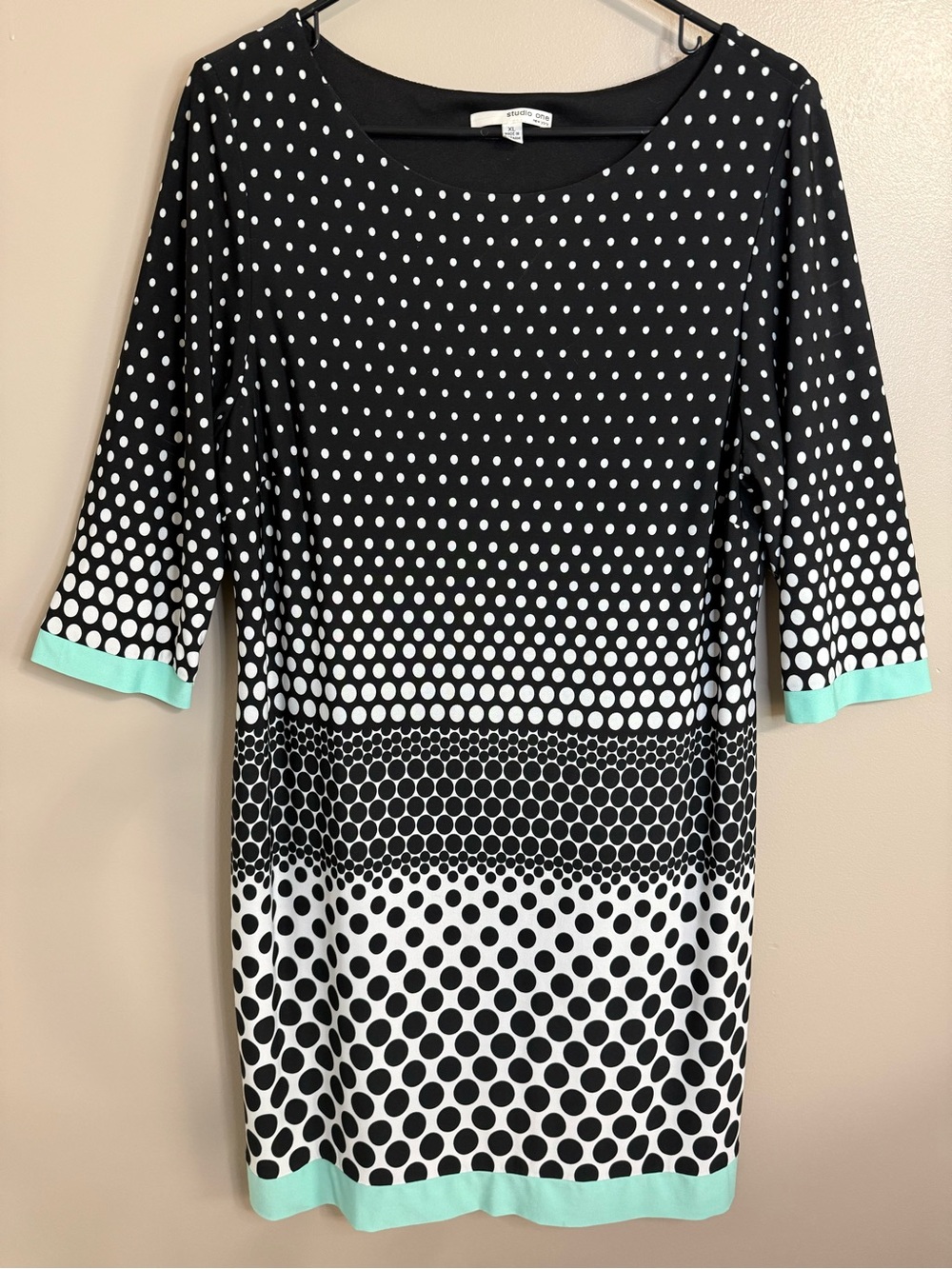 Studio One Black White Dotted Dress Mint Accents Stretch Business Casual XL